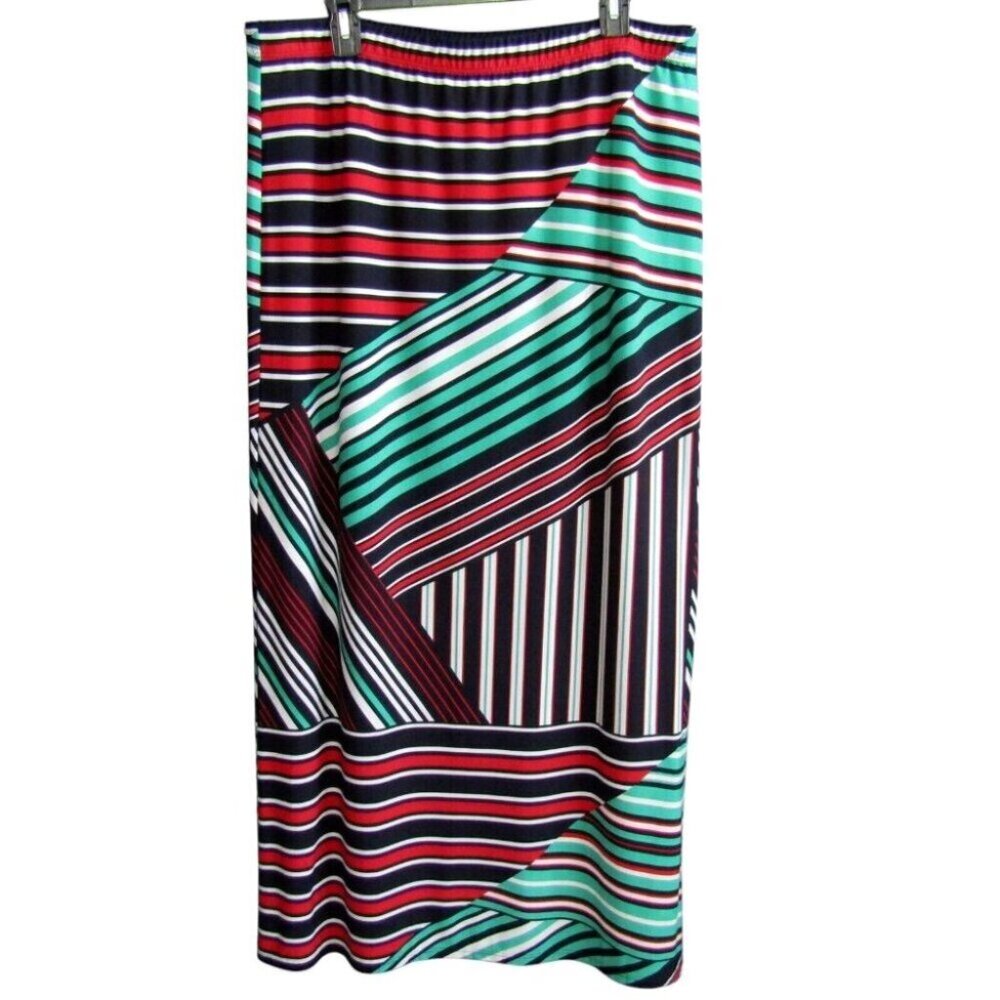 Susan Graver Printed Liquid Knit Maxi Skirt Size L Blue Red Green Stripe Slit